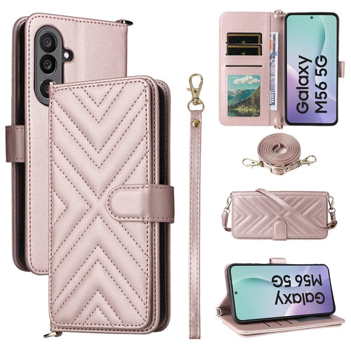 For Samsung Galaxy F56 5G / M56 5G Case with Shoulder / Wrist Strap Leather Phone Cover Stand Wallet - Pink - 1