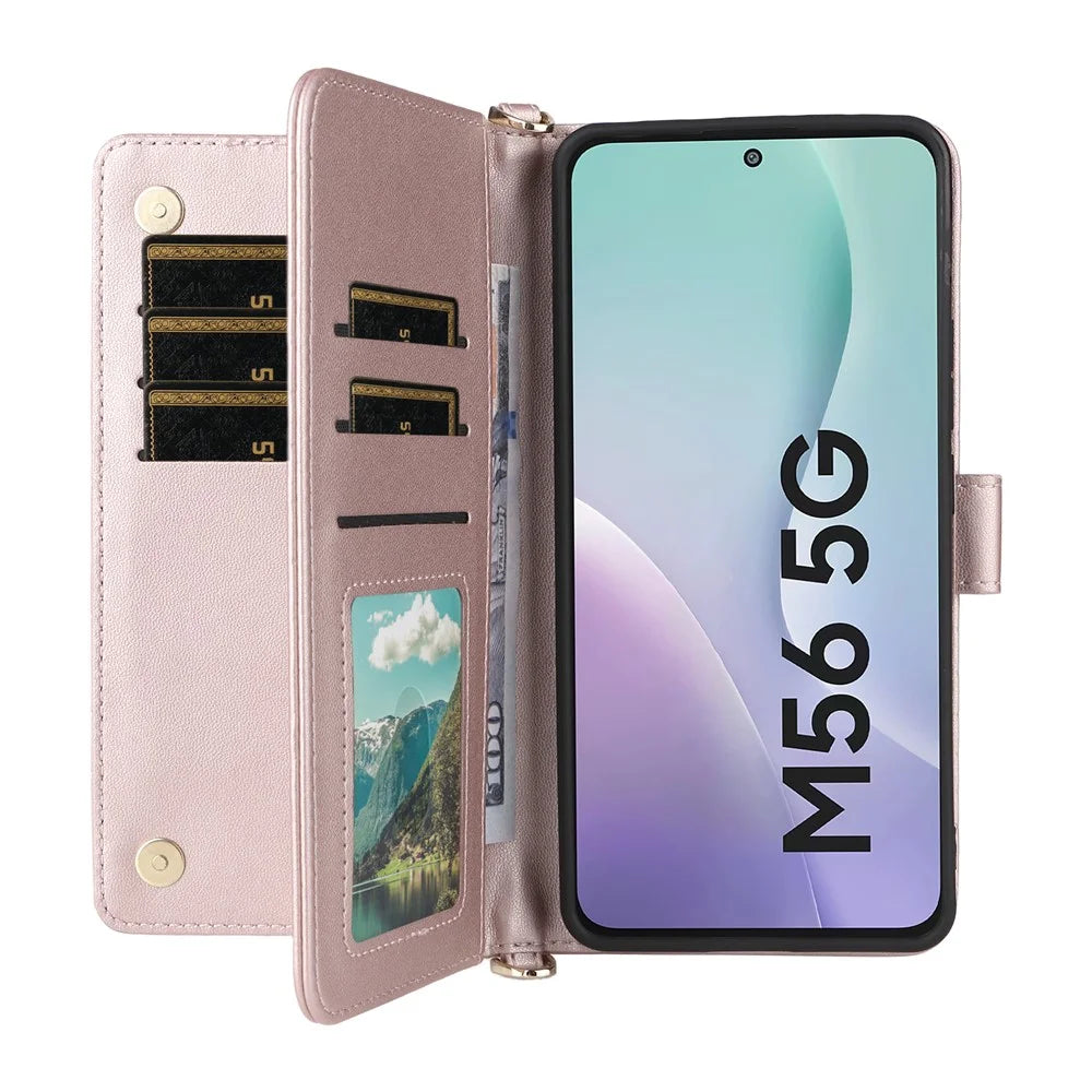 For Samsung Galaxy F56 5G / M56 5G Case with Shoulder / Wrist Strap Leather Phone Cover Stand Wallet - Pink - 2