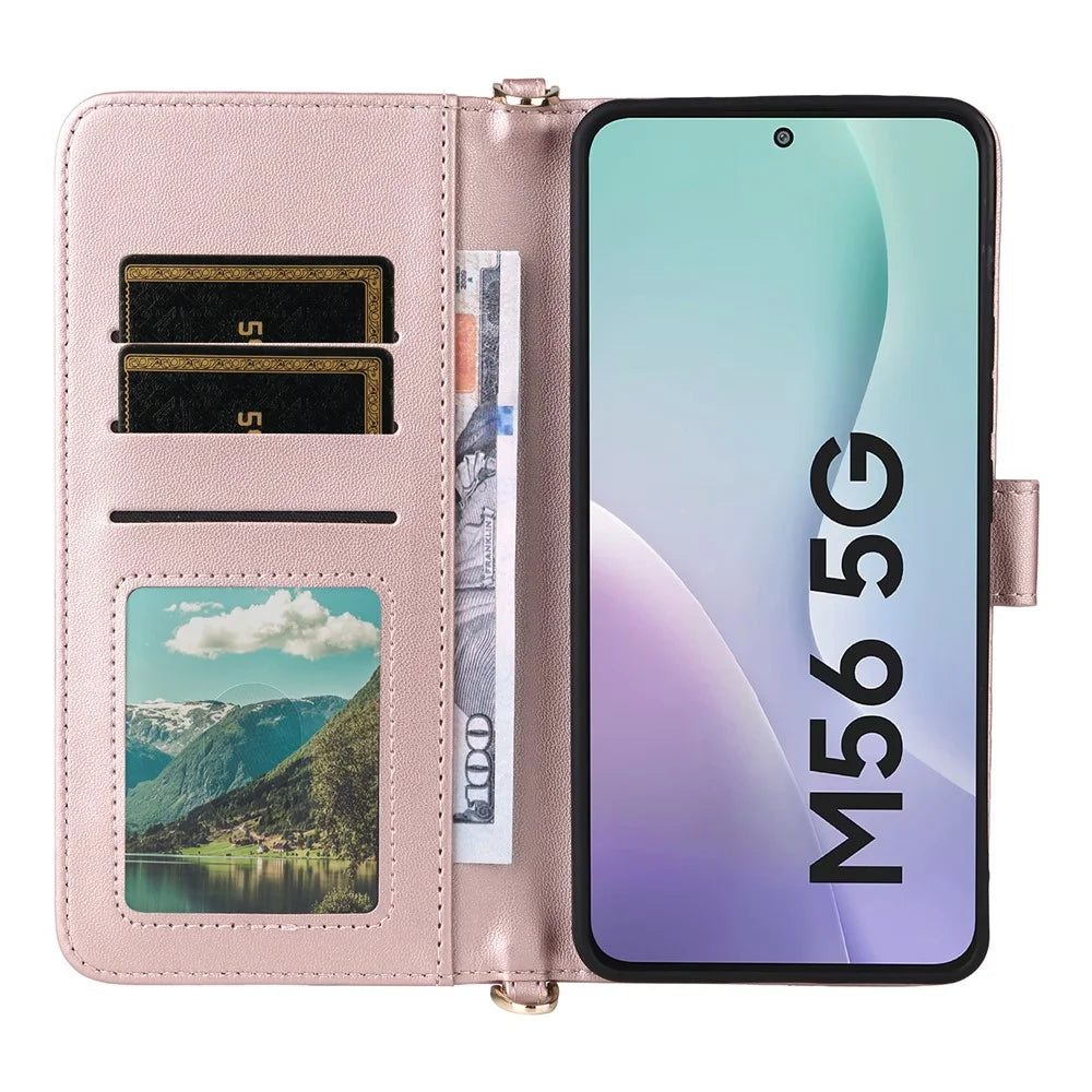 For Samsung Galaxy F56 5G / M56 5G Case with Shoulder / Wrist Strap Leather Phone Cover Stand Wallet - Pink - 4