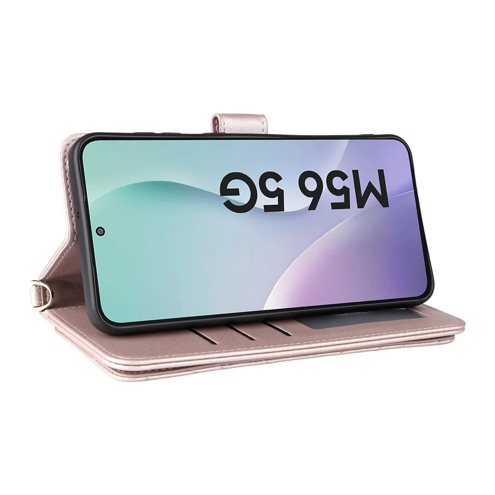 For Samsung Galaxy F56 5G / M56 5G Case with Shoulder / Wrist Strap Leather Phone Cover Stand Wallet - Pink - 5