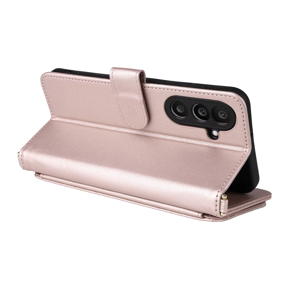 For Samsung Galaxy F56 5G / M56 5G Case with Shoulder / Wrist Strap Leather Phone Cover Stand Wallet - Pink - 6