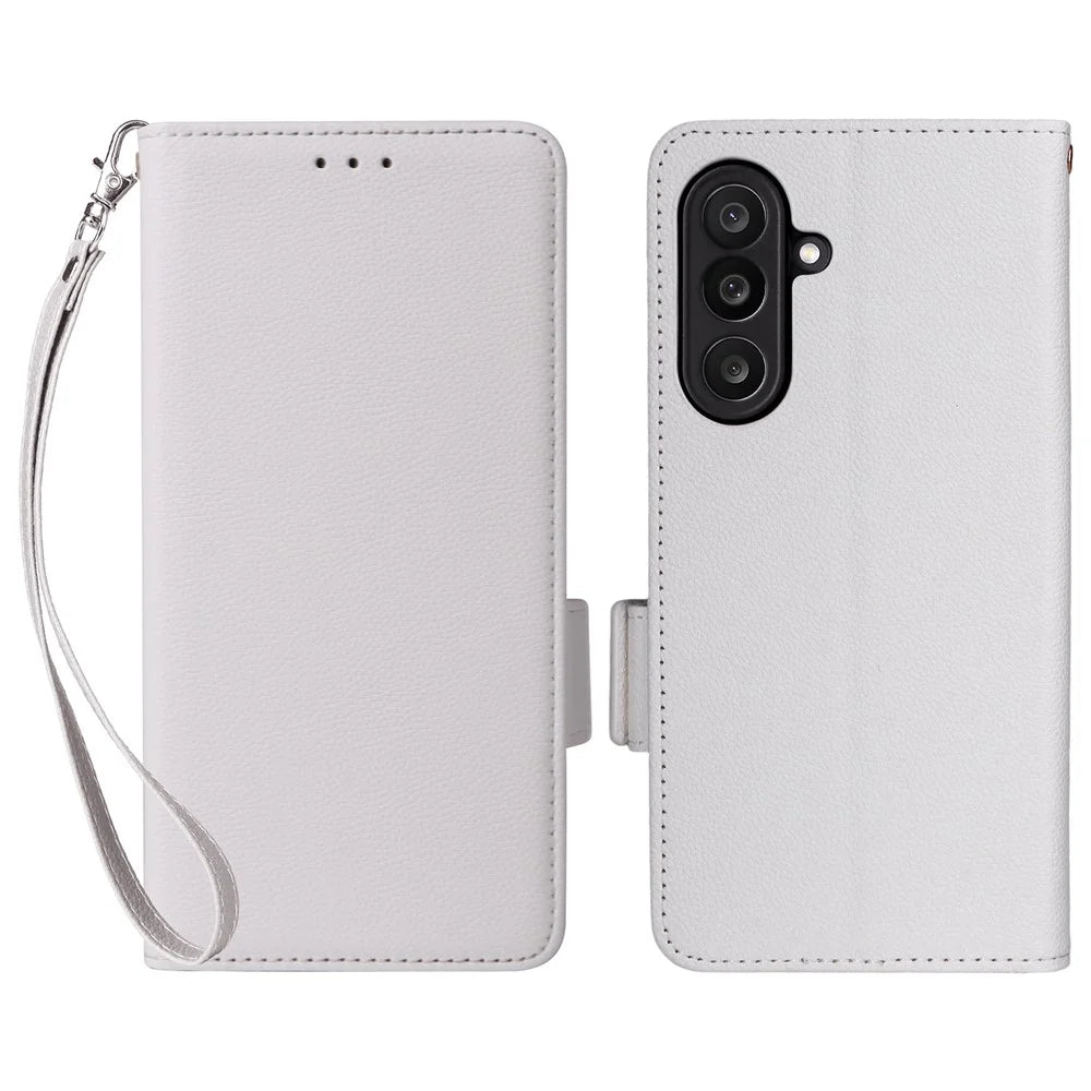 For Samsung Galaxy F56 5G / M56 5G Case with Wrist Strap Litchi Texture PU Leather Wallet Phone Cover - White - 1