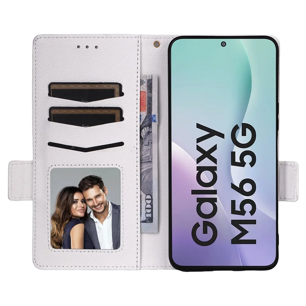 For Samsung Galaxy F56 5G / M56 5G Case with Wrist Strap Litchi Texture PU Leather Wallet Phone Cover - White - 2
