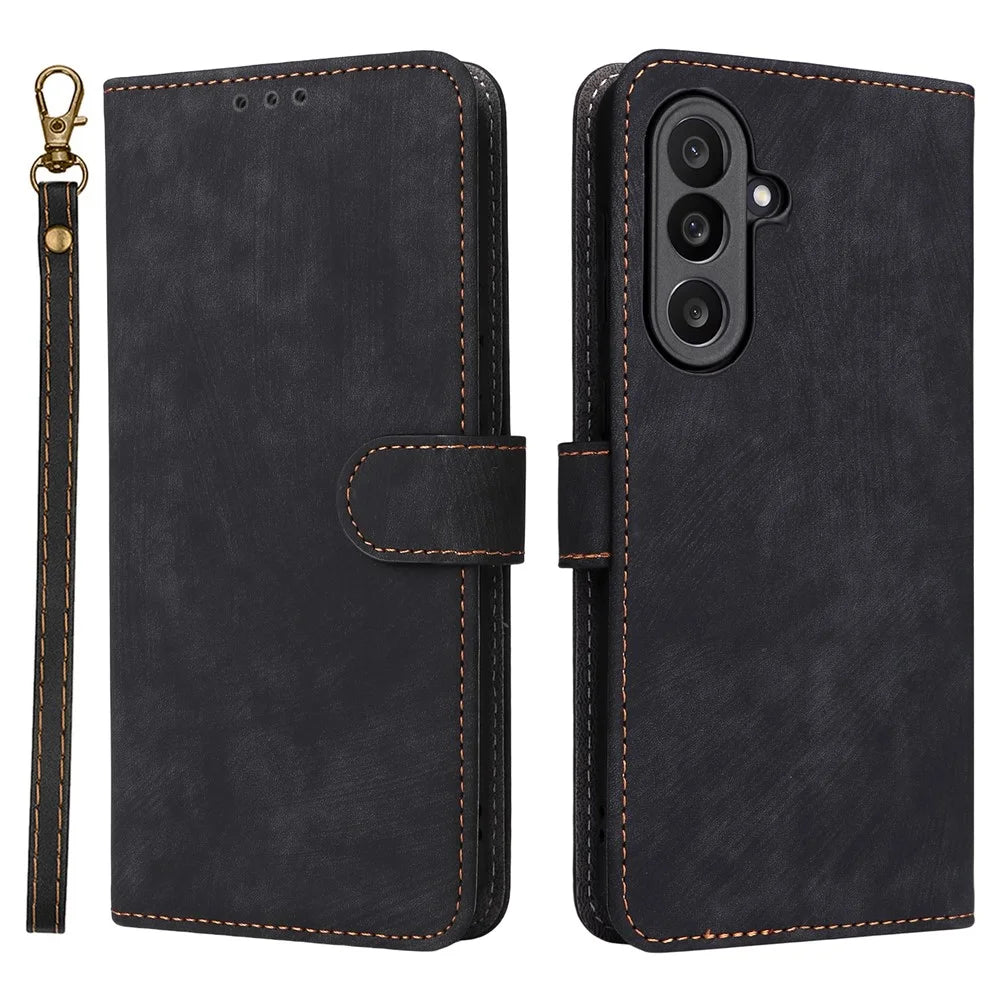 For Samsung Galaxy F56 5G / M56 5G Case Wallet RFID Blocking PU Leather Phone Cover Stand with Strap - Black - 1