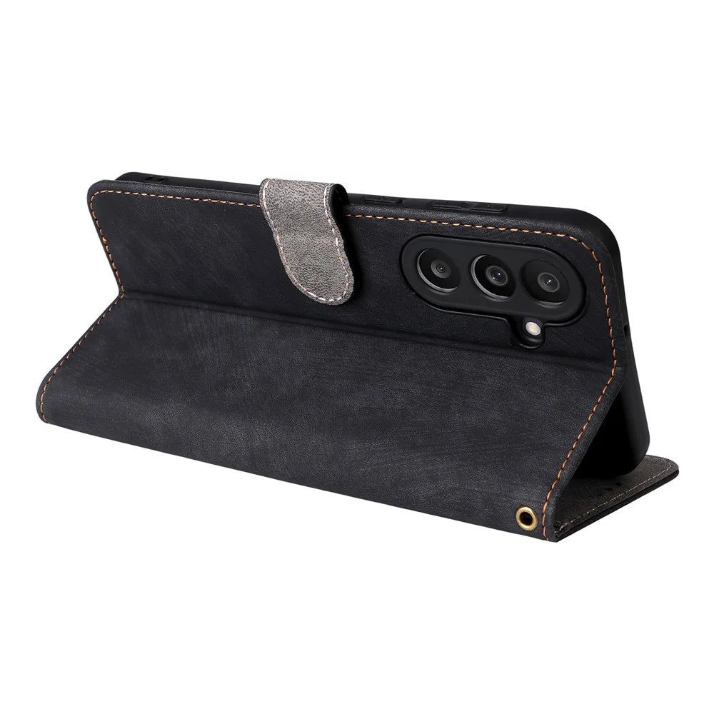 For Samsung Galaxy F56 5G / M56 5G Case Wallet RFID Blocking PU Leather Phone Cover Stand with Strap - Black - 5