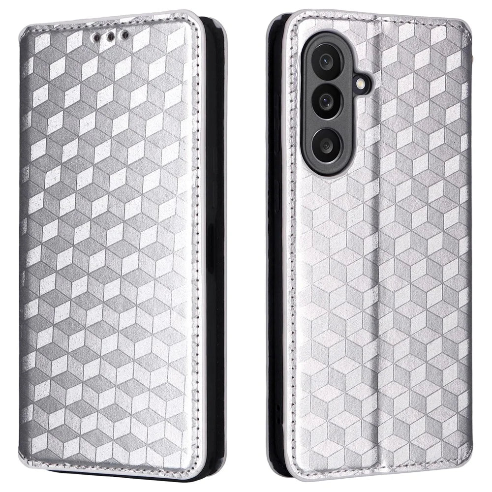 For Samsung Galaxy F56 5G / M56 5G Case Wallet Rhombus Imprinted Leather Phone Cover - Silver - 1