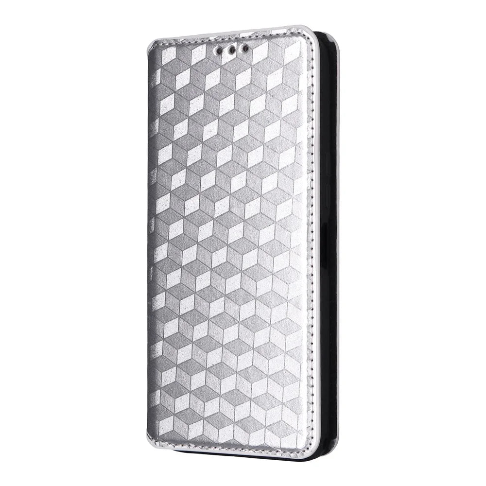 For Samsung Galaxy F56 5G / M56 5G Case Wallet Rhombus Imprinted Leather Phone Cover - Silver - 6