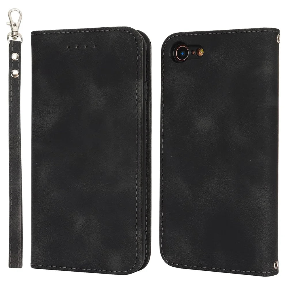 For iPhone SE (2022)  /  (2020)  /  8  /  7 Stand Case Magnetic Closure Skin Touch Leather Flip Phone Cover with Wallet - Black - 1