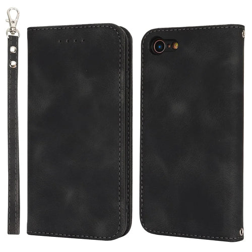 For iPhone SE (2022)  /  (2020)  /  8  /  7 Stand Case Magnetic Closure Skin Touch Leather Flip Phone Cover with Wallet - Black - 1