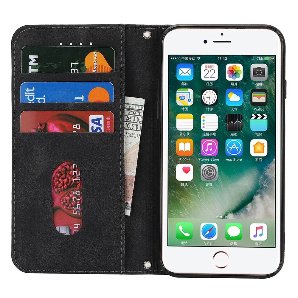 For iPhone SE (2022)  /  (2020)  /  8  /  7 Stand Case Magnetic Closure Skin Touch Leather Flip Phone Cover with Wallet - Black - 2