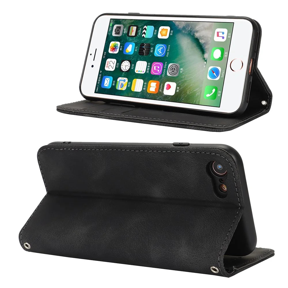 For iPhone SE (2022)  /  (2020)  /  8  /  7 Stand Case Magnetic Closure Skin Touch Leather Flip Phone Cover with Wallet - Black - 3