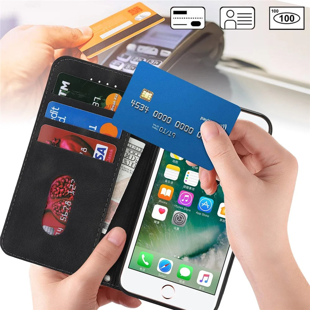 For iPhone SE (2022)  /  (2020)  /  8  /  7 Stand Case Magnetic Closure Skin Touch Leather Flip Phone Cover with Wallet - Black - 4