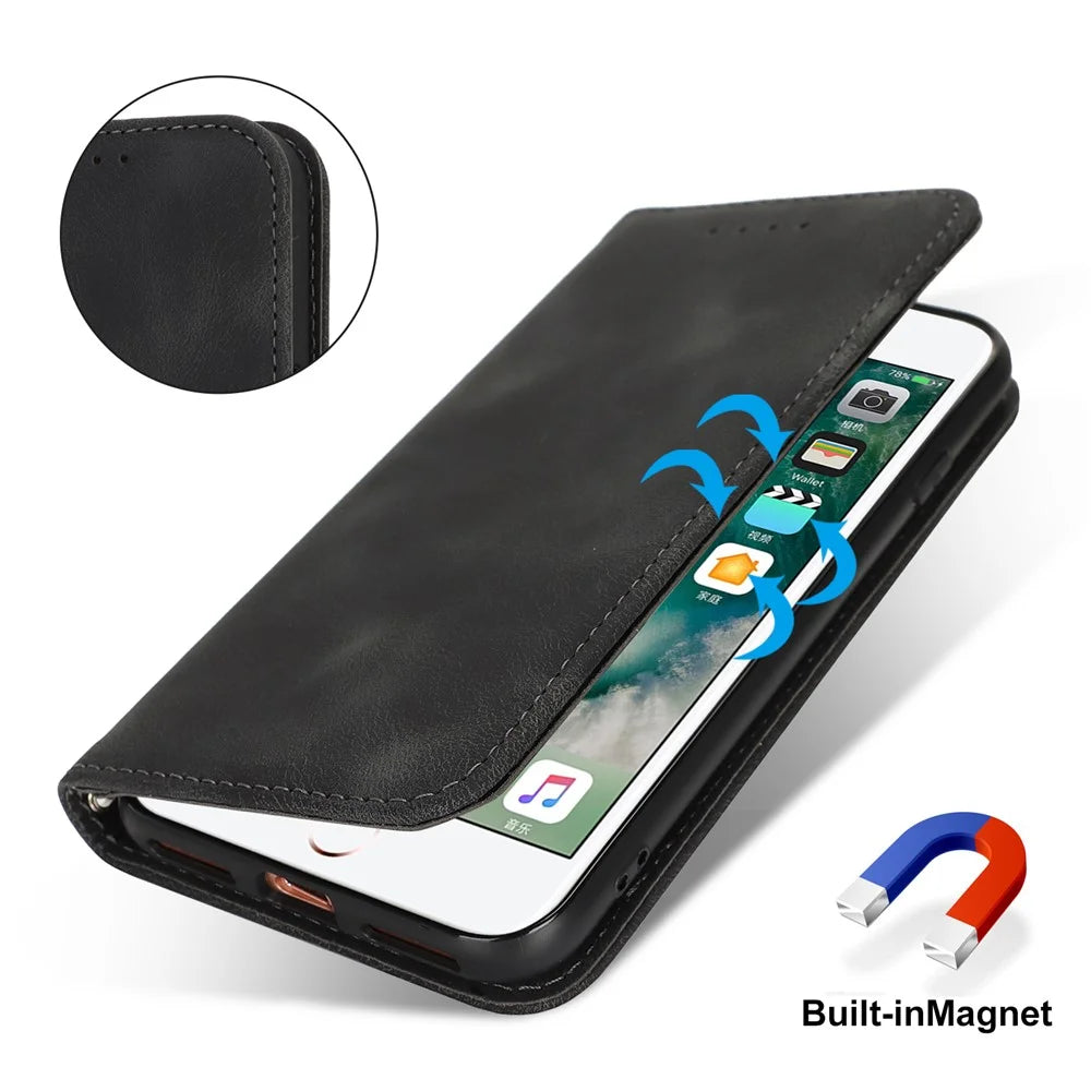 For iPhone SE (2022)  /  (2020)  /  8  /  7 Stand Case Magnetic Closure Skin Touch Leather Flip Phone Cover with Wallet - Black - 5