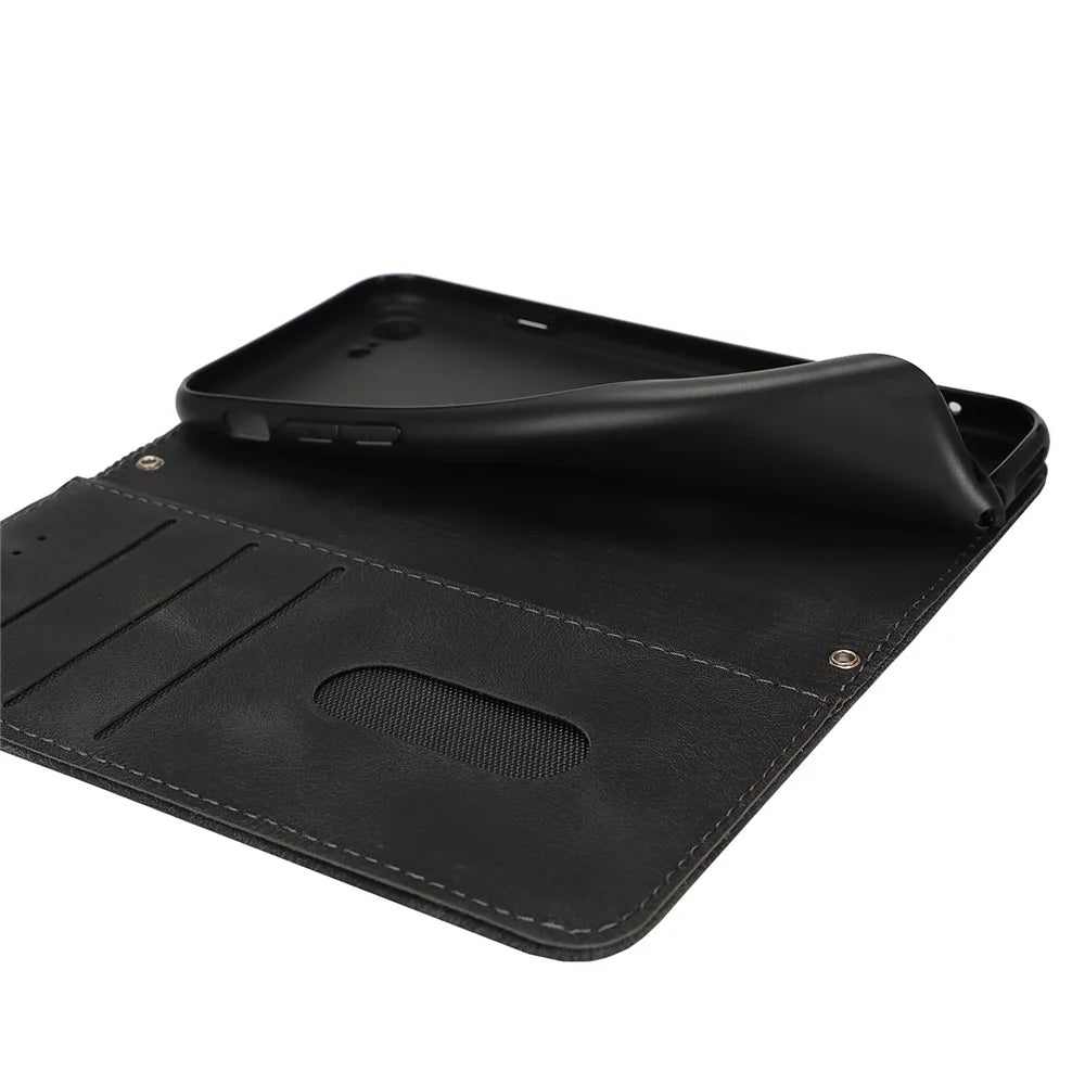 For iPhone SE (2022)  /  (2020)  /  8  /  7 Stand Case Magnetic Closure Skin Touch Leather Flip Phone Cover with Wallet - Black - 6