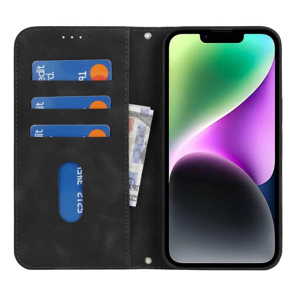 For iPhone 14  /  13 Stand Case Magnetic Closure Skin Touch Leather Flip Phone Cover with Wallet - Black - 2