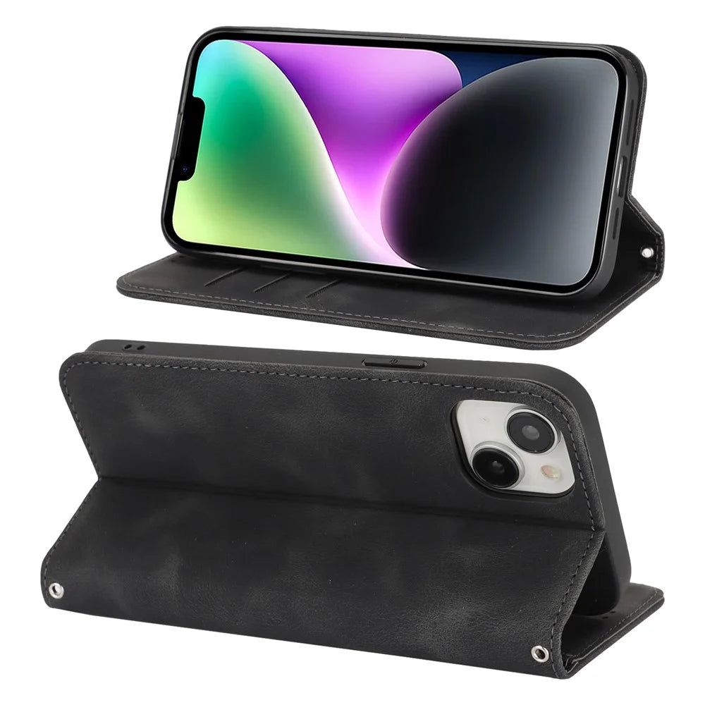 For iPhone 14  /  13 Stand Case Magnetic Closure Skin Touch Leather Flip Phone Cover with Wallet - Black - 3
