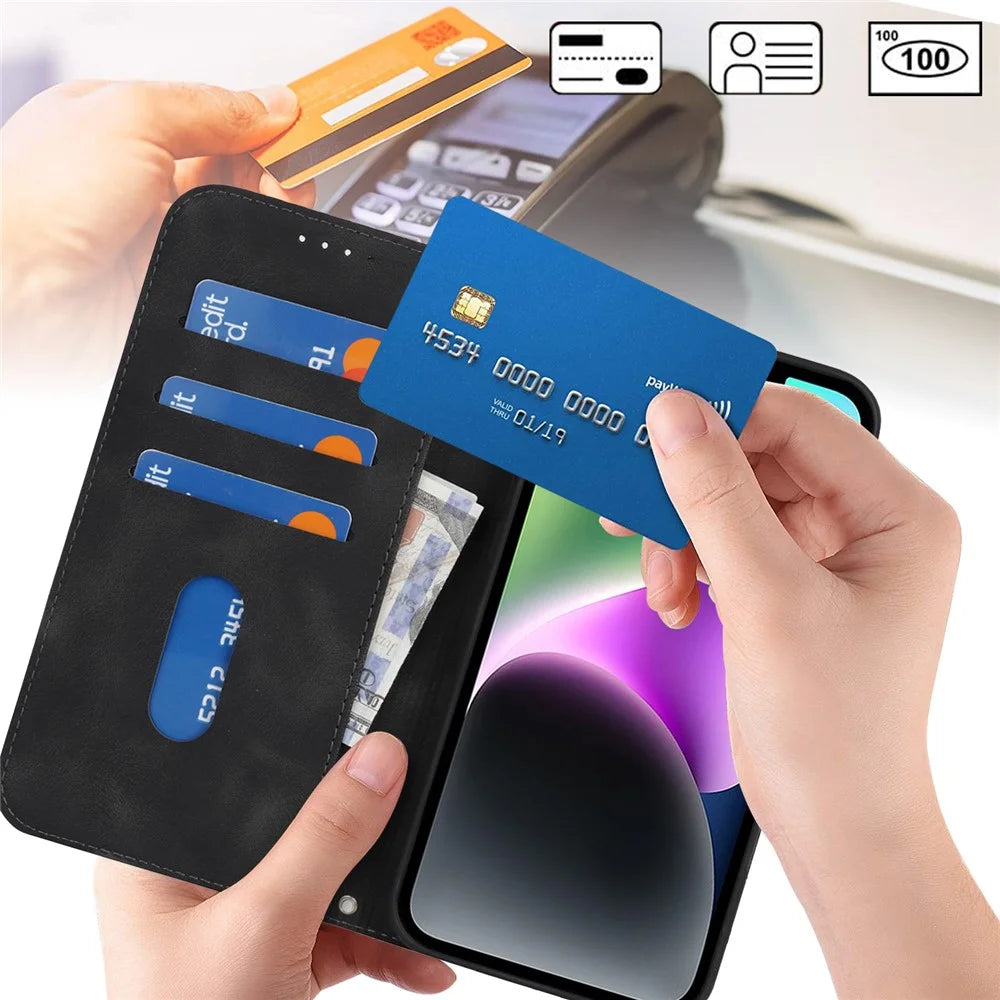 For iPhone 14  /  13 Stand Case Magnetic Closure Skin Touch Leather Flip Phone Cover with Wallet - Black - 4