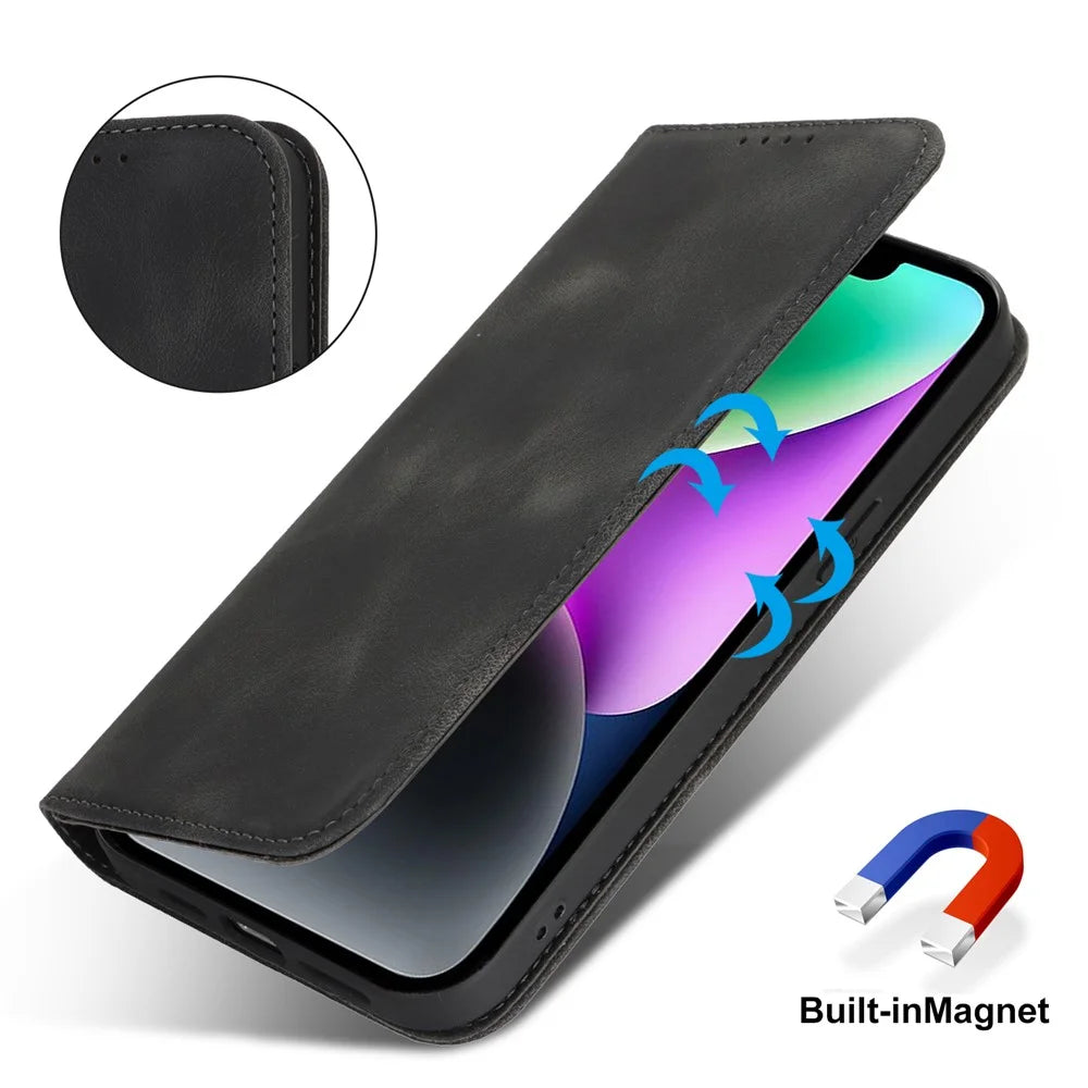 For iPhone 14  /  13 Stand Case Magnetic Closure Skin Touch Leather Flip Phone Cover with Wallet - Black - 5