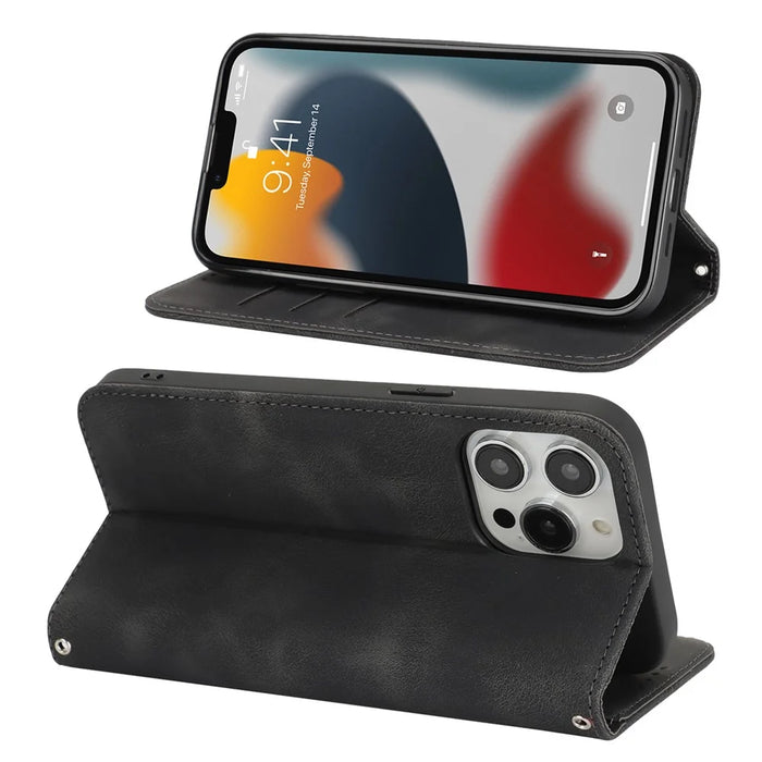 Stand Case for iPhone 13 Pro Max / 12 Pro Max Magnetic Closure Skin Touch Leather Flip Phone Cover with Wallet - Black - 3