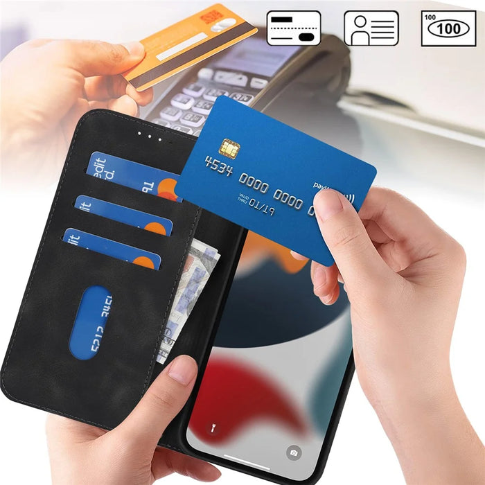 Stand Case for iPhone 13 Pro Max / 12 Pro Max Magnetic Closure Skin Touch Leather Flip Phone Cover with Wallet - Black - 4