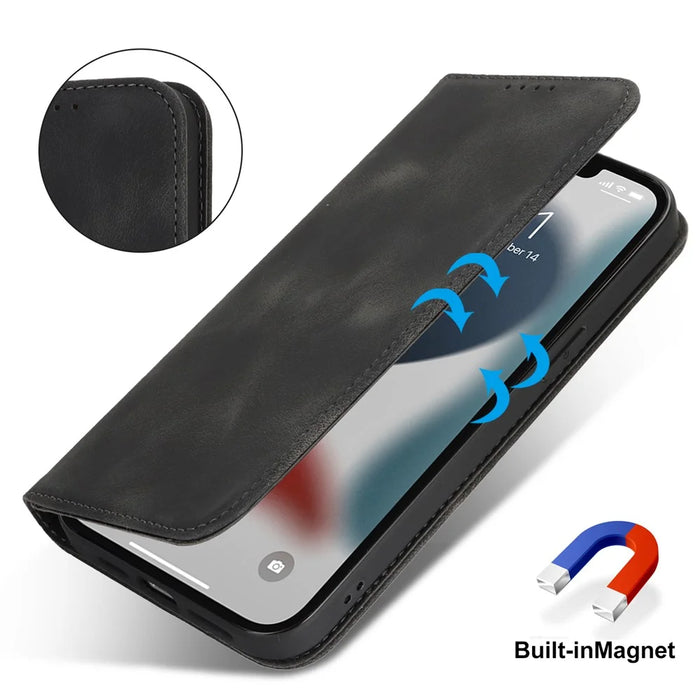 Stand Case for iPhone 13 Pro Max / 12 Pro Max Magnetic Closure Skin Touch Leather Flip Phone Cover with Wallet - Black - 5