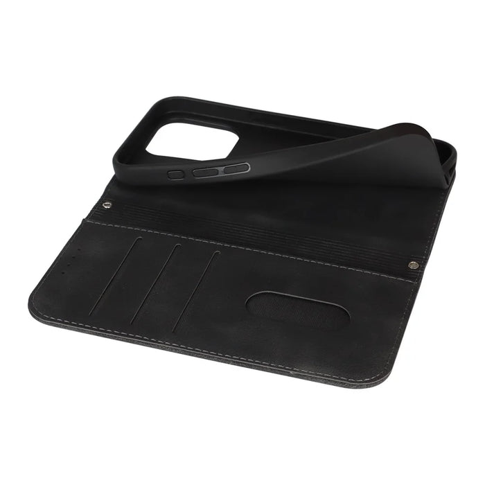 Stand Case for iPhone 13 Pro Max / 12 Pro Max Magnetic Closure Skin Touch Leather Flip Phone Cover with Wallet - Black - 6