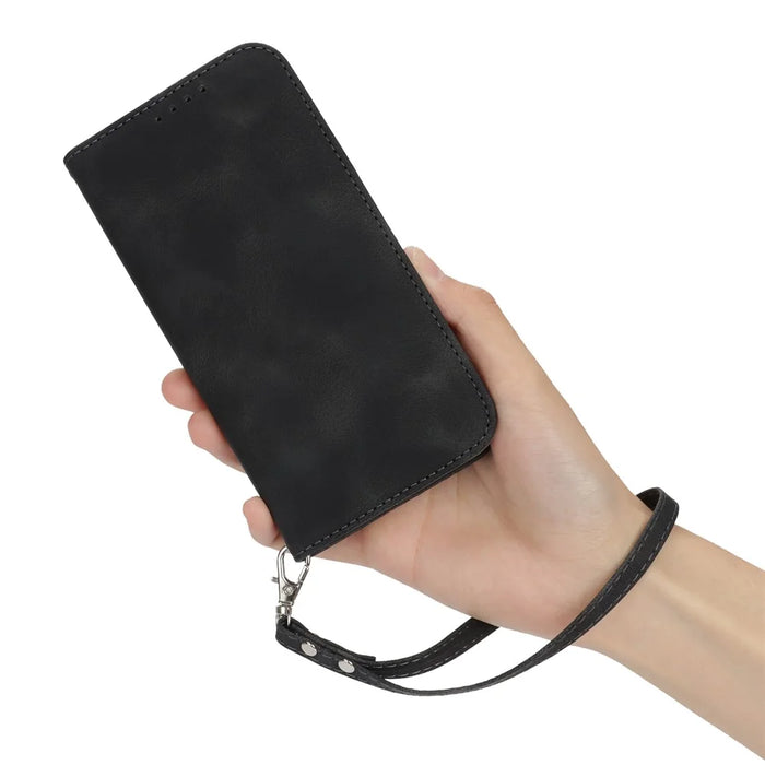 Stand Case for iPhone 13 Pro Max / 12 Pro Max Magnetic Closure Skin Touch Leather Flip Phone Cover with Wallet - Black - 7