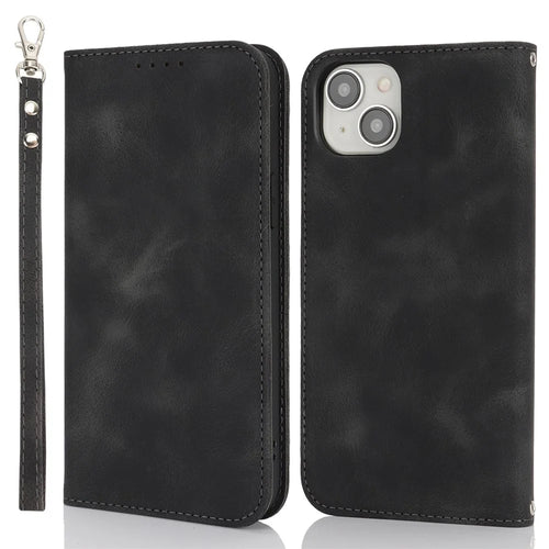 For iPhone 15 Plus  /  14 Plus Stand Case Magnetic Closure Skin Touch Leather Flip Phone Cover with Wallet - Black - 1