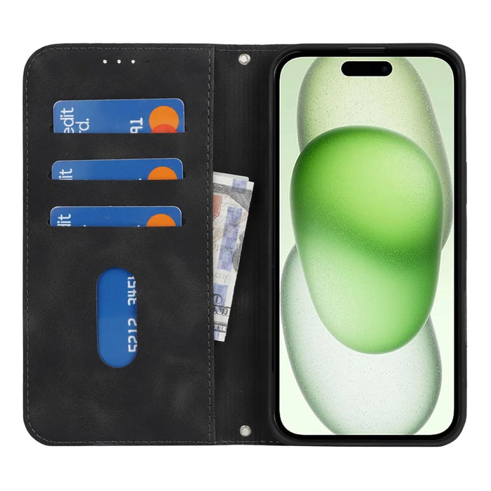 For iPhone 15 Plus  /  14 Plus Stand Case Magnetic Closure Skin Touch Leather Flip Phone Cover with Wallet - Black - 2
