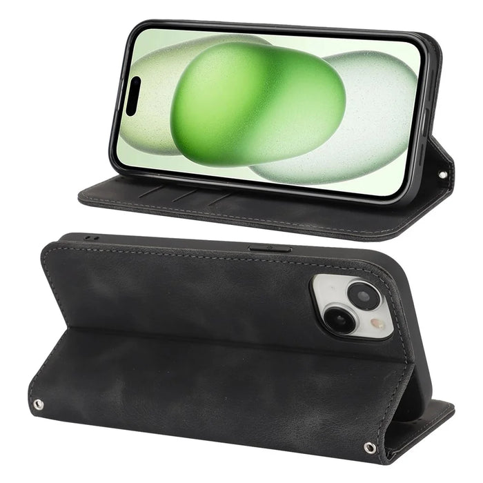 For iPhone 15 Plus  /  14 Plus Stand Case Magnetic Closure Skin Touch Leather Flip Phone Cover with Wallet - Black - 3