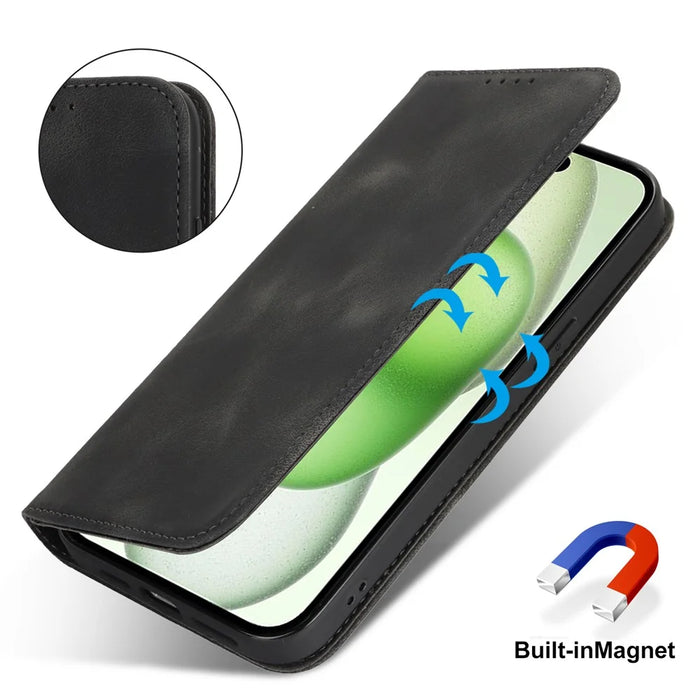 For iPhone 15 Plus  /  14 Plus Stand Case Magnetic Closure Skin Touch Leather Flip Phone Cover with Wallet - Black - 5