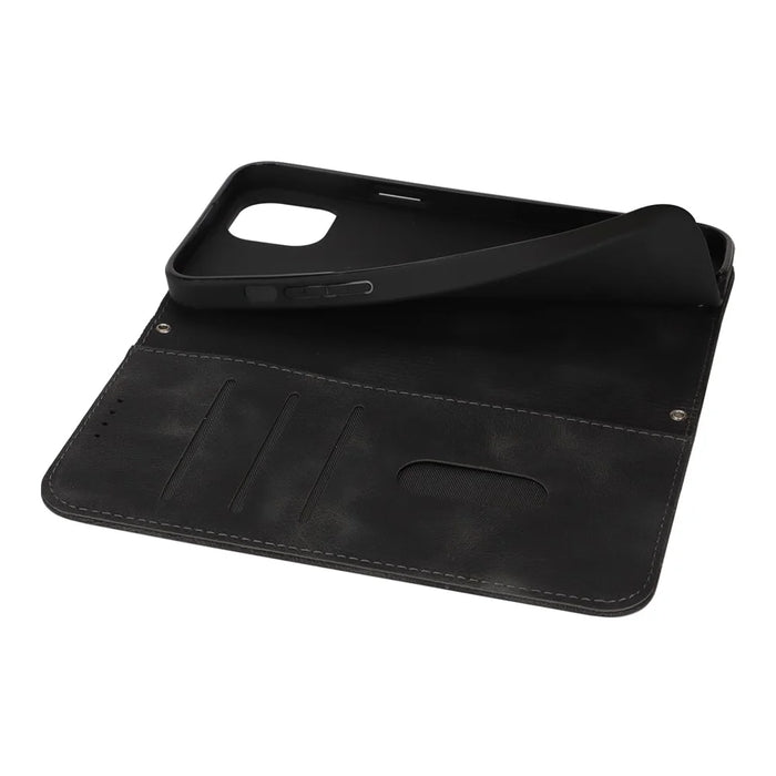 For iPhone 15 Plus  /  14 Plus Stand Case Magnetic Closure Skin Touch Leather Flip Phone Cover with Wallet - Black - 6