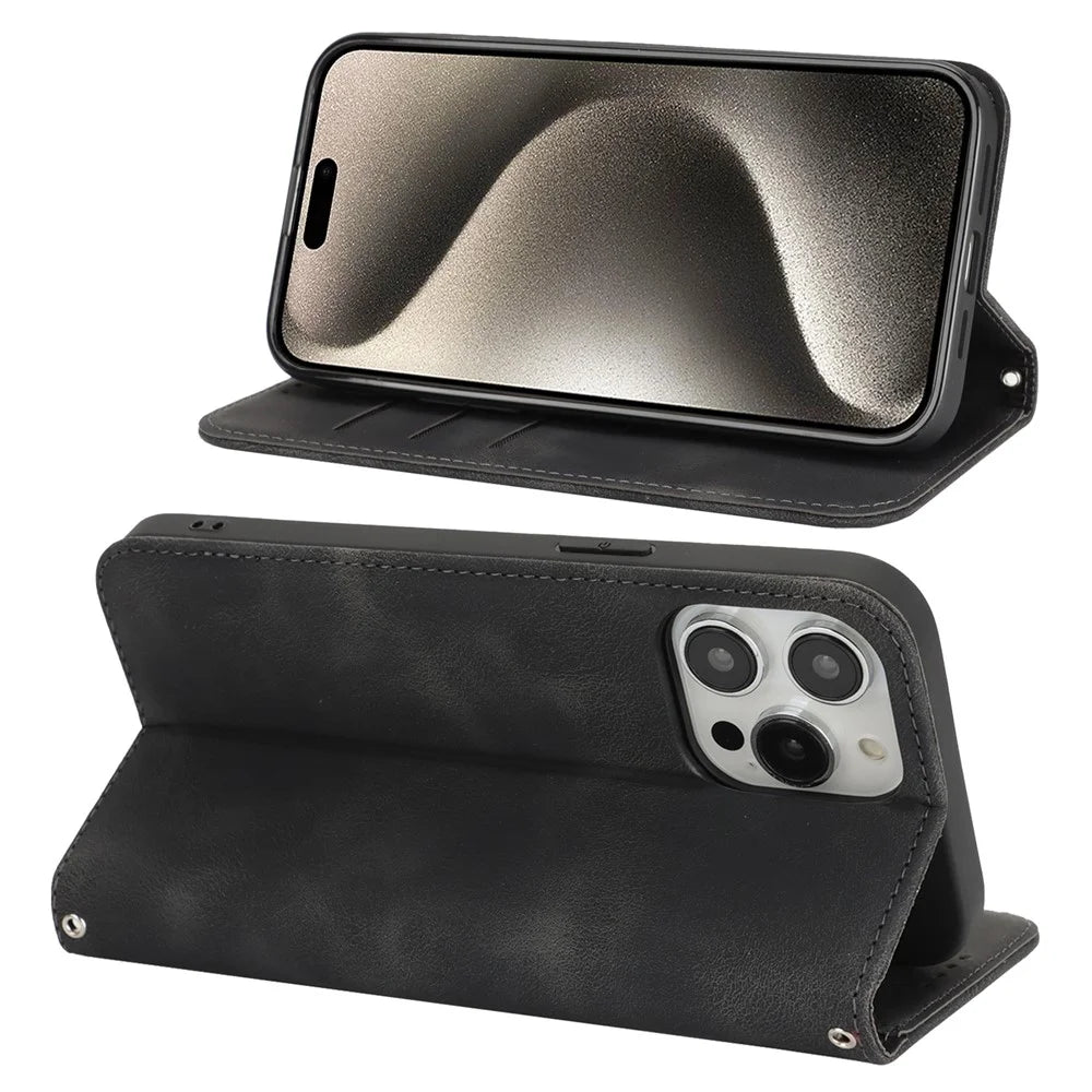 For iPhone 14 Pro Max Stand Case Magnetic Closure Skin Touch Leather Flip Phone Cover with Wallet - Black - 3