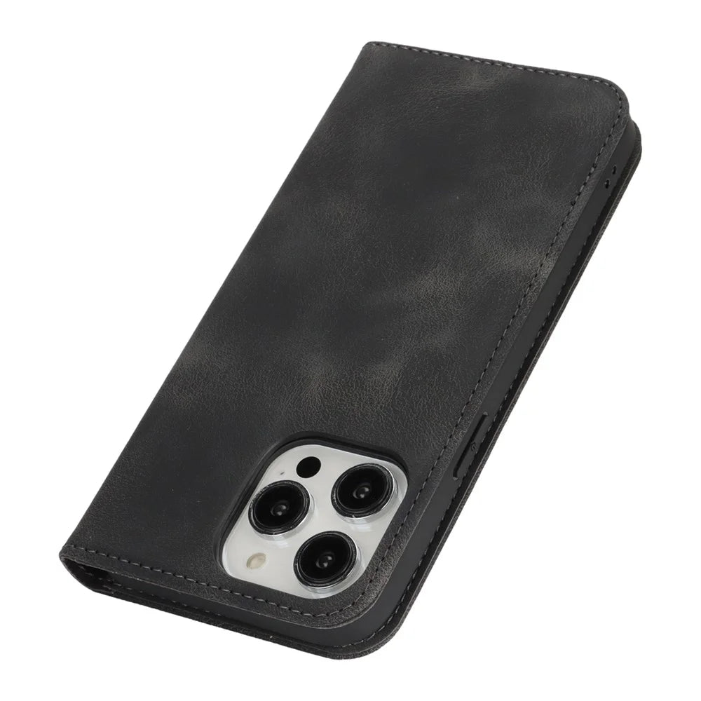 For iPhone 14 Pro Max Stand Case Magnetic Closure Skin Touch Leather Flip Phone Cover with Wallet - Black - 7