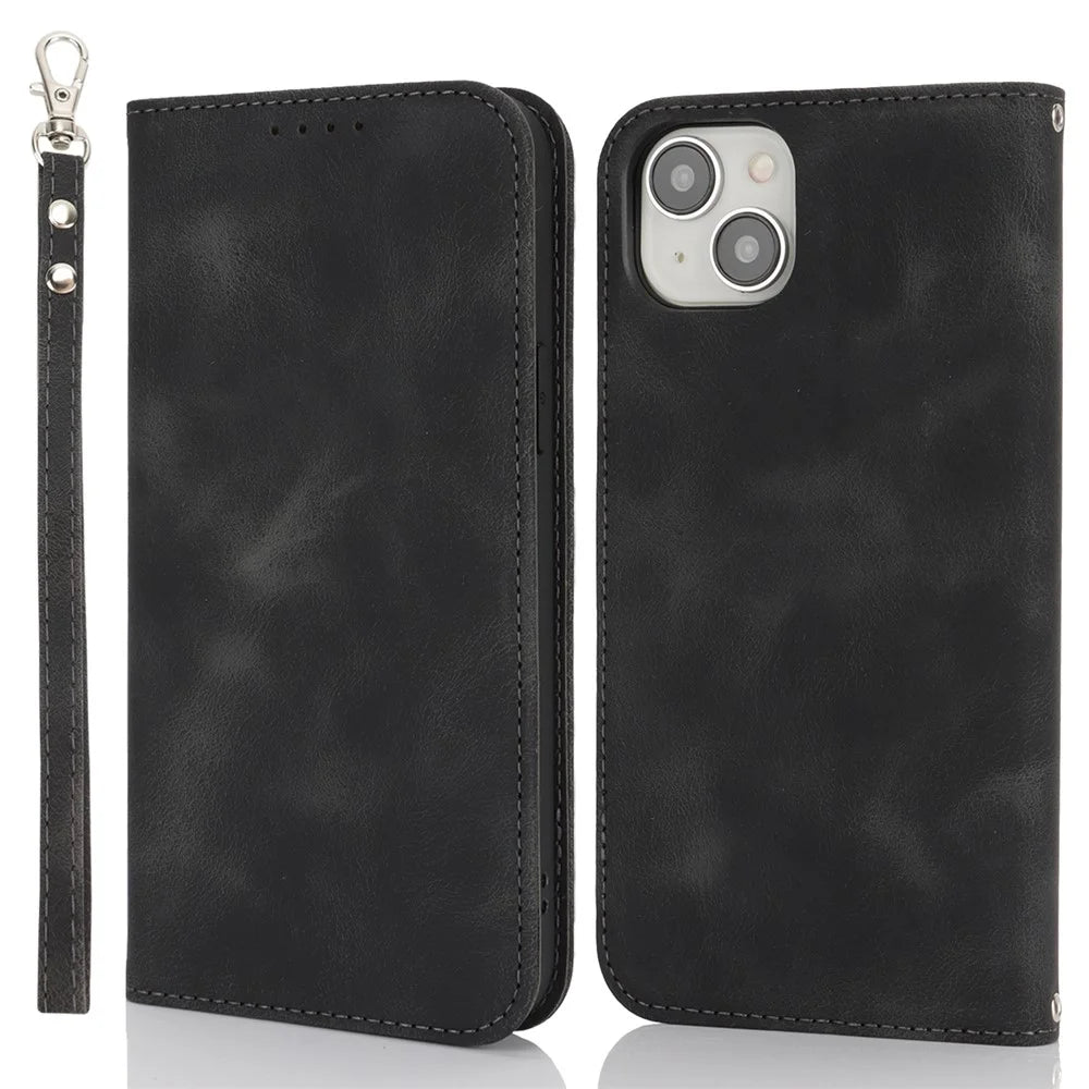 For iPhone 15 Stand Case Magnetic Closure Skin Touch Leather Flip Phone Cover with Wallet - Black - 1