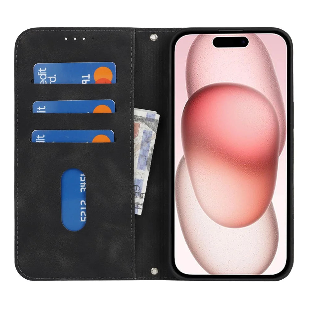 For iPhone 15 Stand Case Magnetic Closure Skin Touch Leather Flip Phone Cover with Wallet - Black - 2
