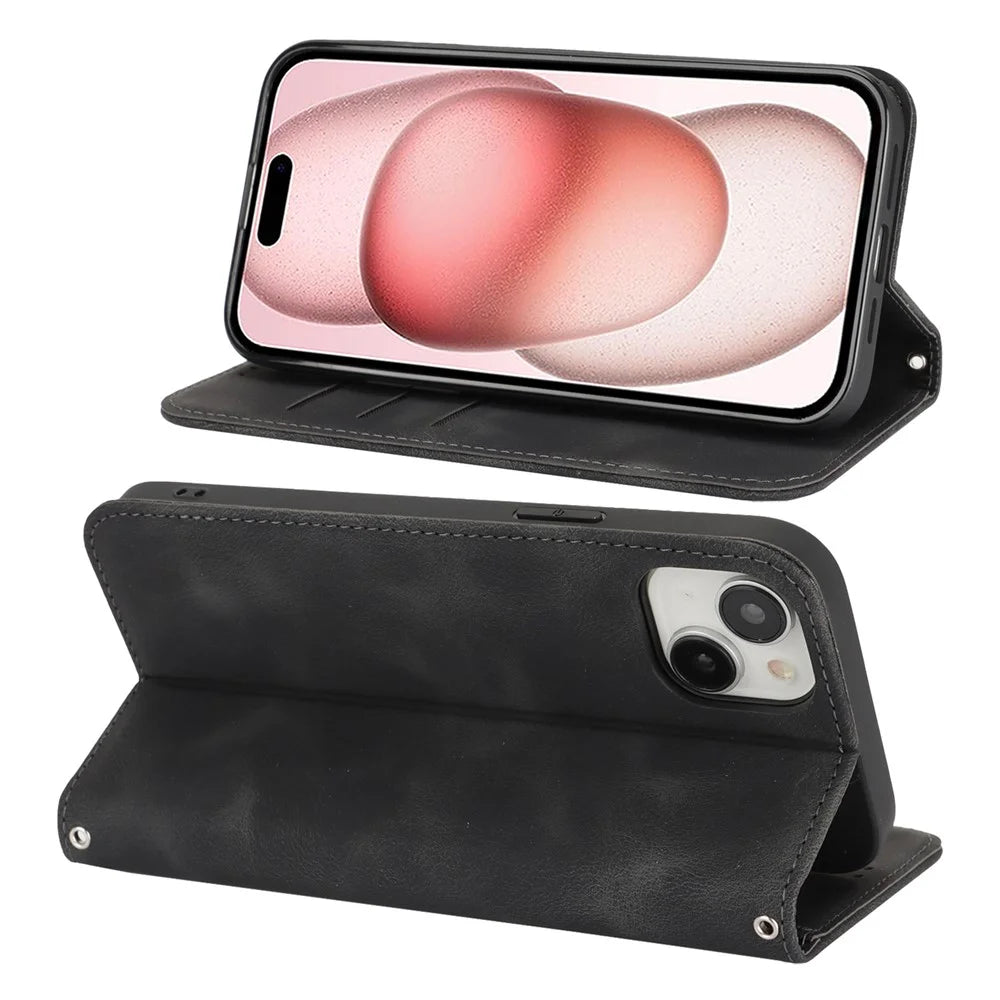 For iPhone 15 Stand Case Magnetic Closure Skin Touch Leather Flip Phone Cover with Wallet - Black - 3