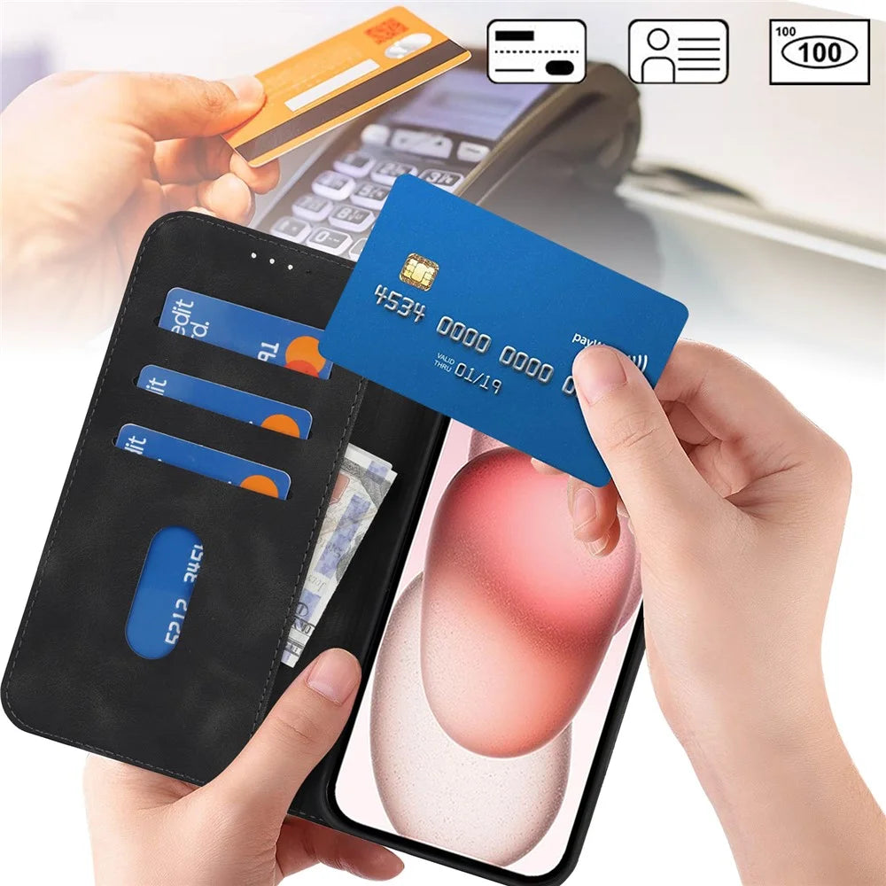 For iPhone 15 Stand Case Magnetic Closure Skin Touch Leather Flip Phone Cover with Wallet - Black - 4