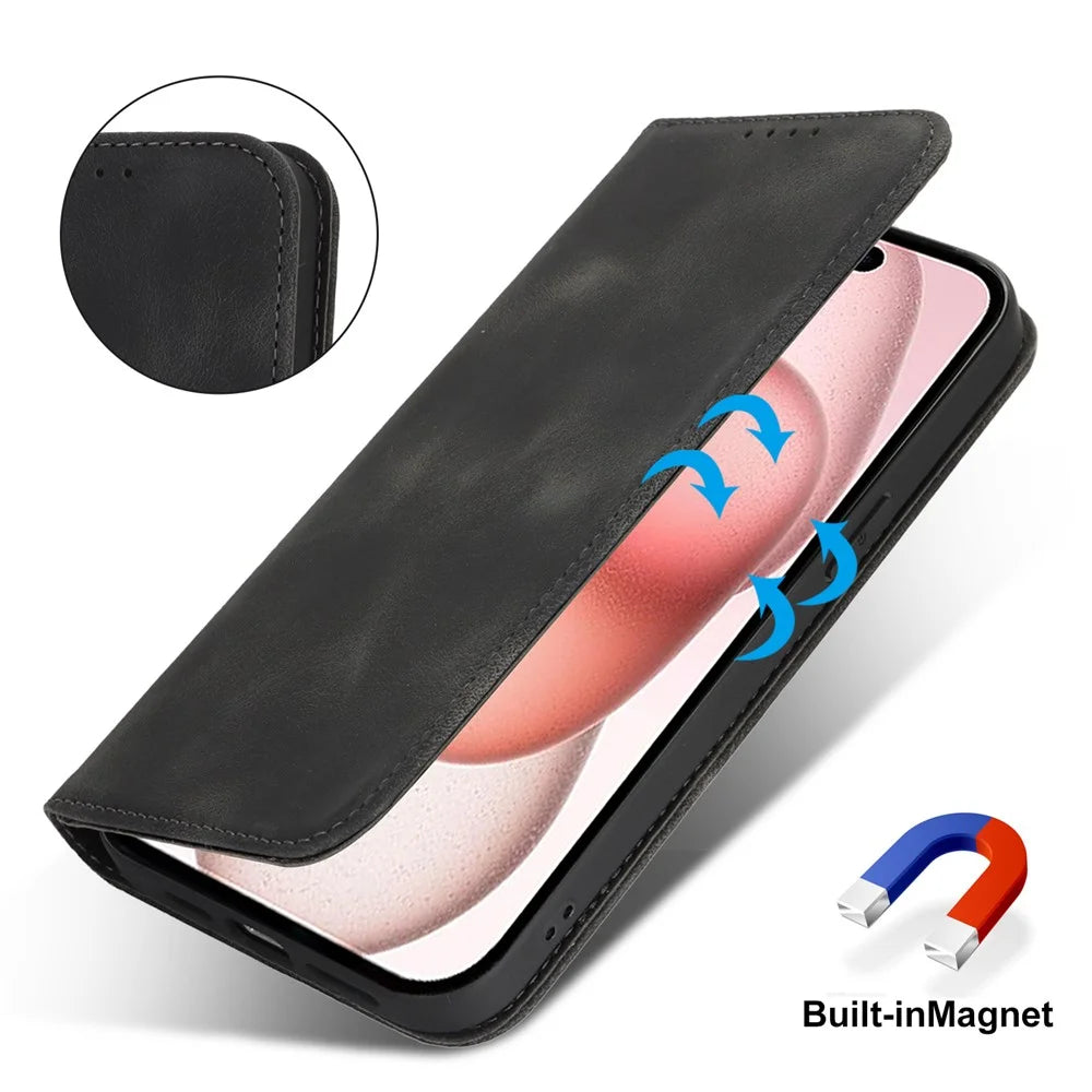 For iPhone 15 Stand Case Magnetic Closure Skin Touch Leather Flip Phone Cover with Wallet - Black - 5