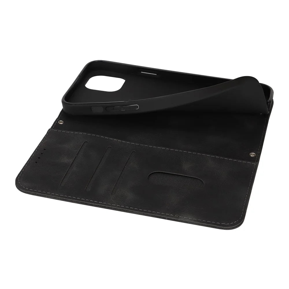 For iPhone 15 Stand Case Magnetic Closure Skin Touch Leather Flip Phone Cover with Wallet - Black - 6