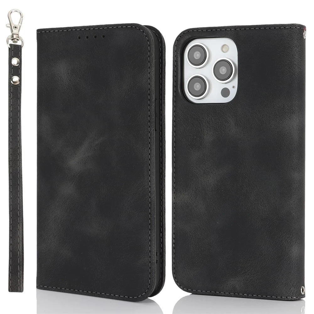 For iPhone 15 Pro Max Stand Case Magnetic Closure Skin Touch Leather Flip Phone Cover with Wallet - Black - 1
