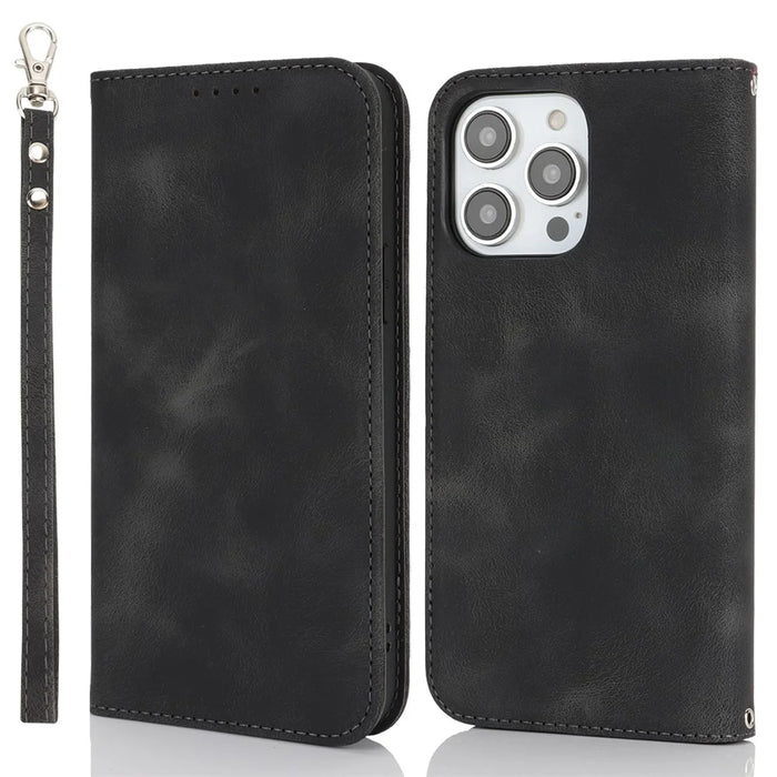 For iPhone 15 Pro Max Stand Case Magnetic Closure Skin Touch Leather Flip Phone Cover with Wallet - Black - 1