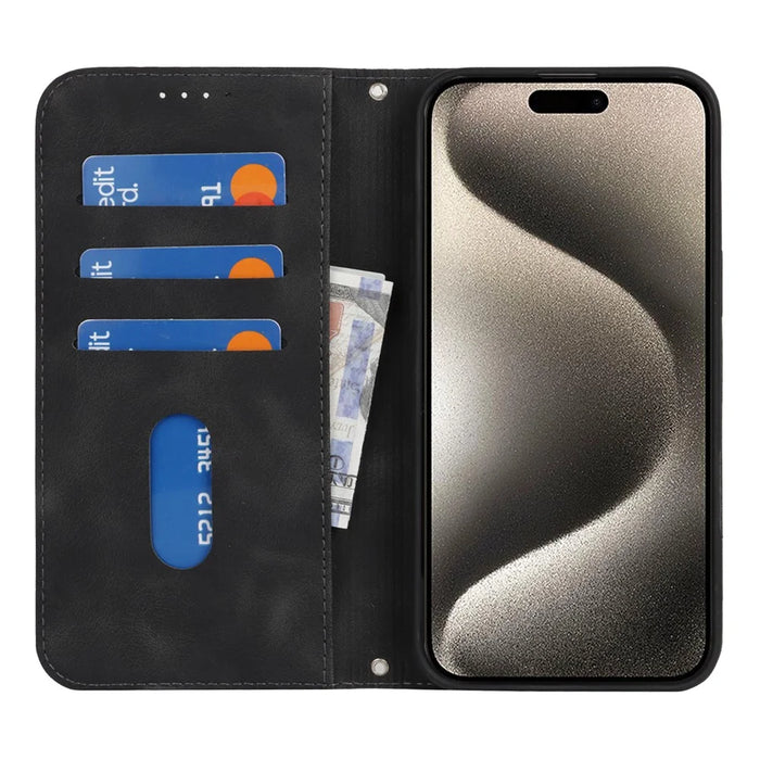 For iPhone 15 Pro Max Stand Case Magnetic Closure Skin Touch Leather Flip Phone Cover with Wallet - Black - 2