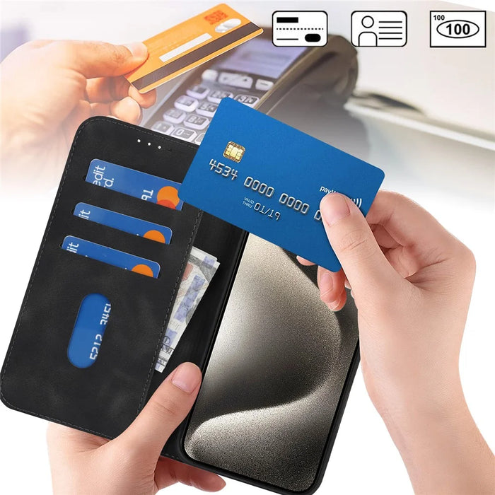 For iPhone 15 Pro Max Stand Case Magnetic Closure Skin Touch Leather Flip Phone Cover with Wallet - Black - 4