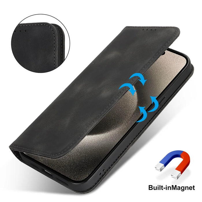 For iPhone 15 Pro Max Stand Case Magnetic Closure Skin Touch Leather Flip Phone Cover with Wallet - Black - 5