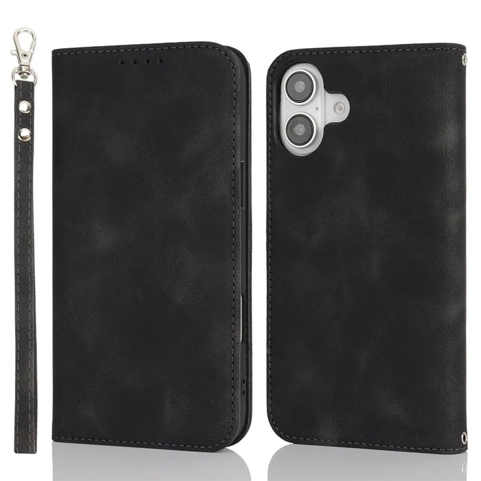 For iPhone 16 Stand Case Magnetic Closure Skin Touch Leather Flip Phone Cover with Wallet - Black - 1