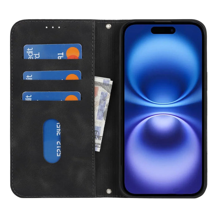 For iPhone 16 Stand Case Magnetic Closure Skin Touch Leather Flip Phone Cover with Wallet - Black - 2