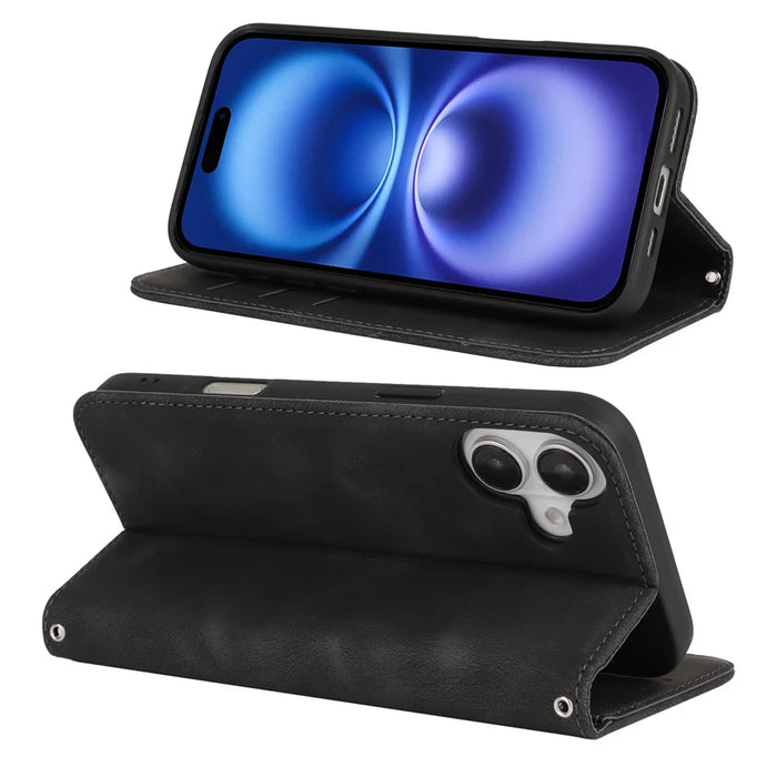 For iPhone 16 Stand Case Magnetic Closure Skin Touch Leather Flip Phone Cover with Wallet - Black - 3