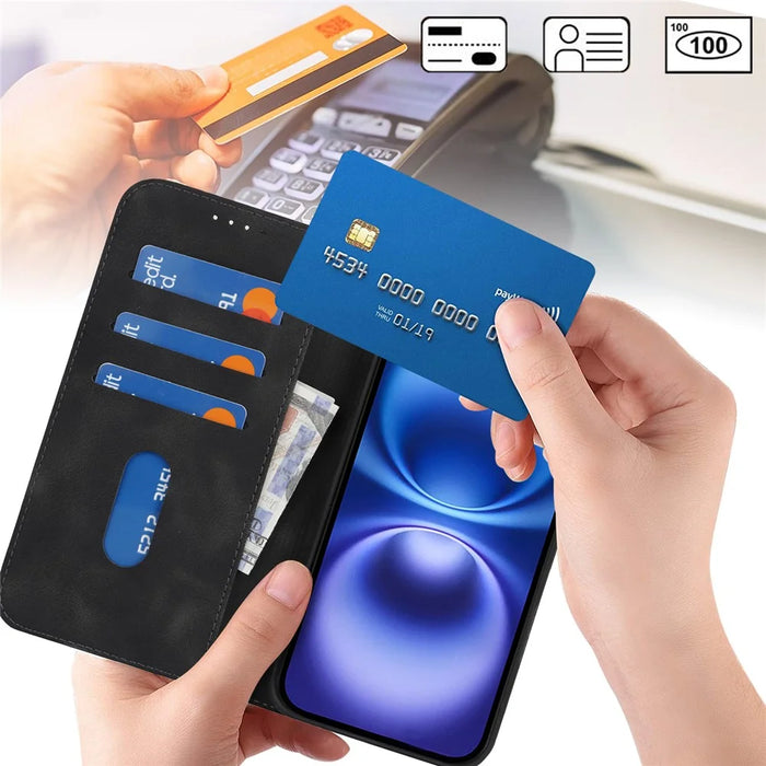 For iPhone 16 Stand Case Magnetic Closure Skin Touch Leather Flip Phone Cover with Wallet - Black - 4