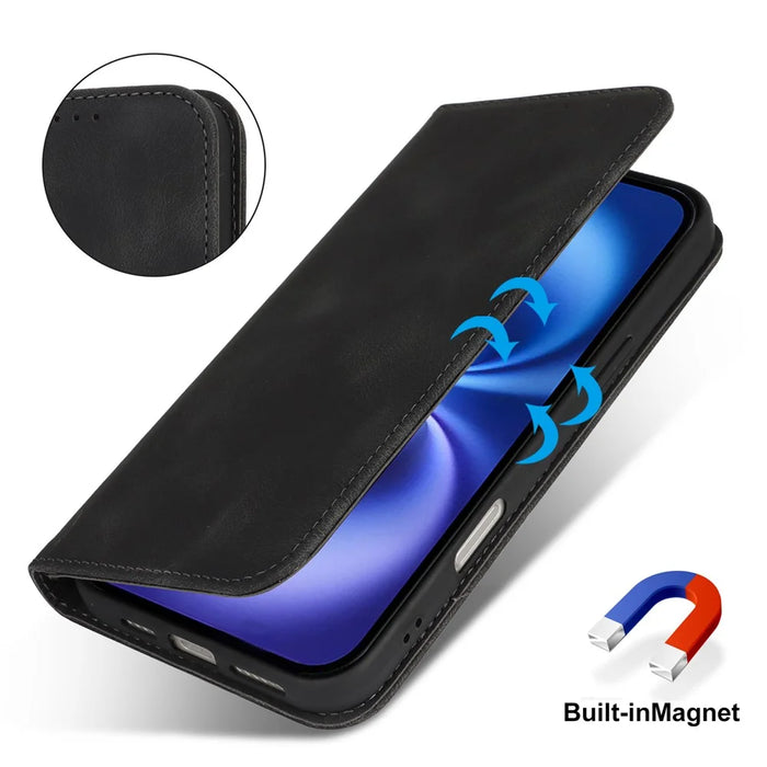 For iPhone 16 Stand Case Magnetic Closure Skin Touch Leather Flip Phone Cover with Wallet - Black - 5